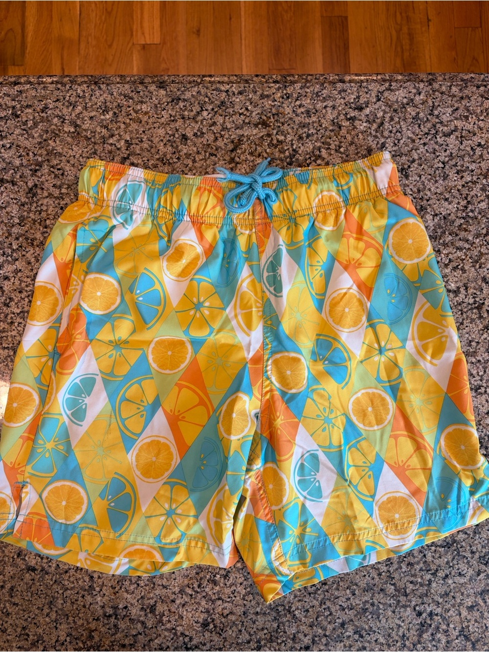 Men’s Whimsical Citrus-Print Swim Shorts in Yellow, Teal & Orange